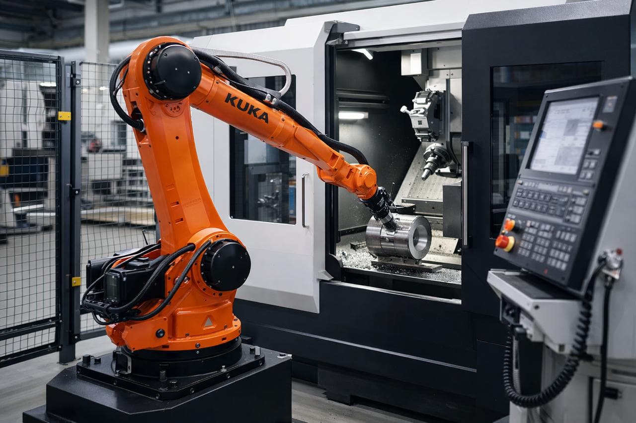 Робот KUKA обслуживает станок ЧПУ